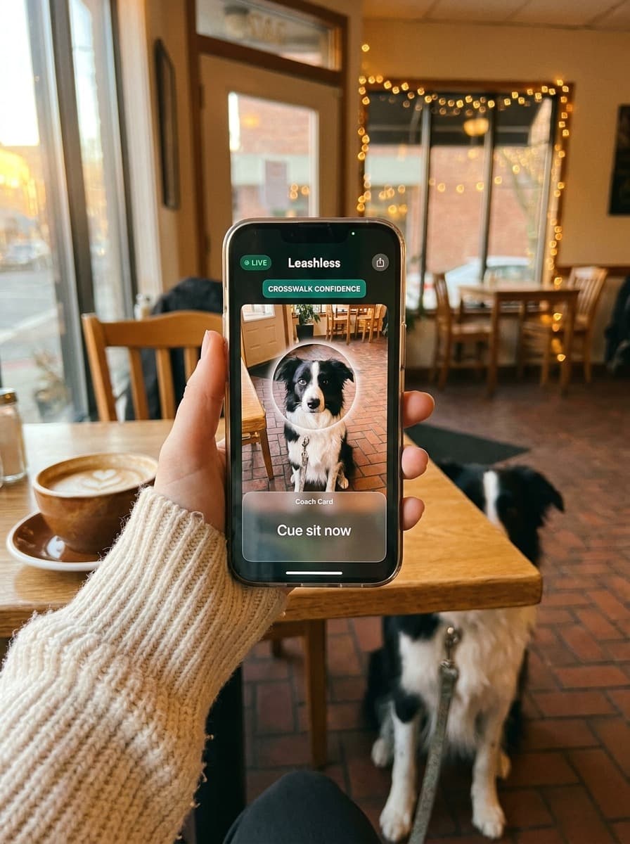 Live camera on your dog. Quiet coach in your AirPods. What to say, what to do, how to stand — exactly when it matters.